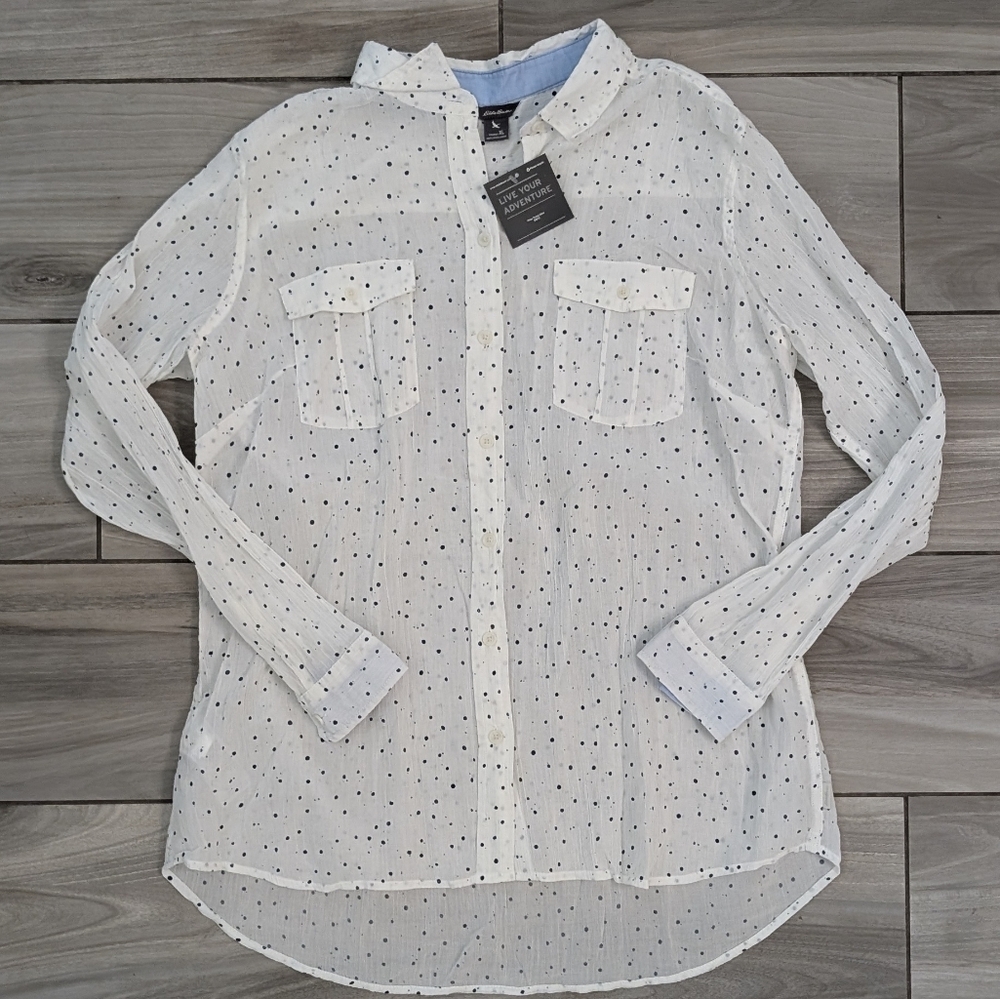 🥁 Eddie Bauer Crinkle Crepey White And Black Dotted Blouse